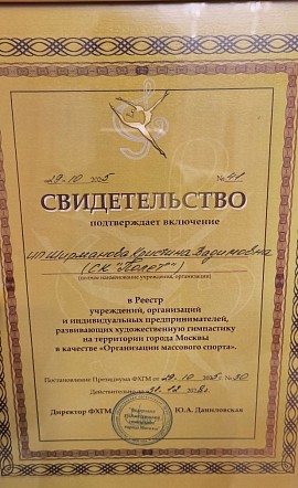 Лицензия на проведения занятий по художественной гимнастике